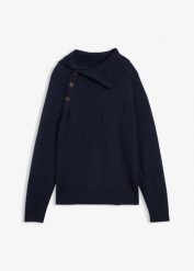 Sweter w asymetrycznym fasonie. Niebieskie swetry bonprix, bez wzorów, prążkowane, bez ramiączek. Za 112.99 zł.