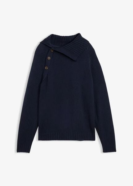 Sweter w asymetrycznym fasonie. Niebieskie swetry bonprix, bez wzorów, prążkowane, bez ramiączek. Za 112.99 zł.