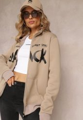 Jasnobeżowa Bluza Zapinana na Suwak z Kieszeniami i Półgolfem Ubaviela. Brązowe bluzy Renee, l, bez wzorów, bez kaptura. W wyprzedaży za 71.99 zł.