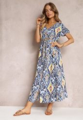 Niebieska Sukienka Maxi z Krótkim Rękawem i Sznurkiem w Pasie Nosine. Niebieskie sukienki Renee, s, bez wzorów, bez kołnierzyka, bez ramiączek, maxi. W wyprzedaży za 48.99 zł.