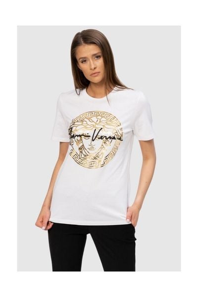 VERSACE Biały t-shirt damski ze złotą meduzą, Rozmiar 40. Białe t-shirty Versace, s, bez wzorów, z bawełny, bez kołnierzyka, bez ramiączek. W wyprzedaży za 689.99 zł.