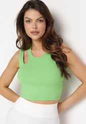 Jasnozielony Prążkowany Tank Top Bez Rękawów z Ozdobnym Wycięciem Deriafa. Zielone topy Born2be, m, bez wzorów, prążkowane, klasyczne, z asymetrycznym kołnierzem, bez ramiączek. Za 49.99 zł.