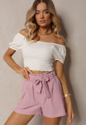 Jasnofioletowe Szorty Bermudy High Waist z Dodatkiem Bawełny Wiązane w Pasie Quisevia. Fioletowe szorty Renee, bez wzorów, z bawełny. W wyprzedaży za 39.99 zł.