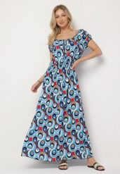 Niebieska Sukienka z Geometrycznym Wzorem i Hiszpańskim Dekoltem Tosile. Niebieskie sukienki Born2be, na co dzień, l, bez wzorów, eleganckie, bez kołnierzyka, bez ramiączek, maxi. Za 79.99 zł.