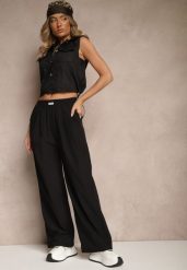 Czarne Spodnie o Szerokim Kroju z Bawełną High Waist Ozdobione Naszywką Naneriela. Czarne jeansy Renee, z aplikacjami, z bawełny, eleganckie, z podwyższonym stanem. W wyprzedaży za 41.99 zł.