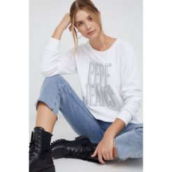 Pepe Jeans bluza damska kolor biały z aplikacją. Białe bluzy Pepe Jeans, l, z aplikacjami, z jeansu, bez ramiączek, bez kaptura. W wyprzedaży za 239.99 zł.