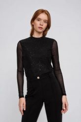 Bluzka z przezroczystymi rękawami czarna. Czarne bluzki MOODO, l, bez wzorów, z elastanu, bez kołnierzyka, bez ramiączek. Za 99.99 zł.
