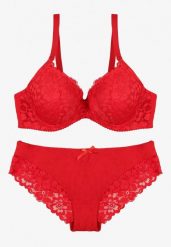 Czerwony Koronkowy Komplet Biustonosz i Majtki Figi w Klasycznym Stylu Ezirene. Czerwone figi Renee, z aplikacjami, z jeansu. Za 39.99 zł.