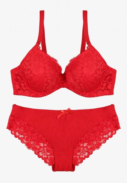 Czerwony Koronkowy Komplet Biustonosz i Majtki Figi w Klasycznym Stylu Ezirene. Czerwone figi Renee, z aplikacjami, z jeansu. Za 39.99 zł.