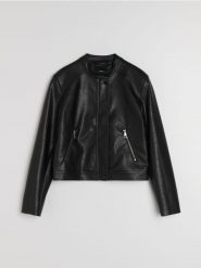 Kurtka biker ze stójką z imitacji skóry - czarny. Czarne kurtki Sinsay, l, bez wzorów, ze skóry, bez kaptura. Za 79.99 zł.