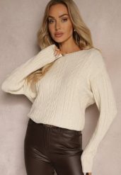Jasnobeżowy Sweter z Bawełną Wiskozą i Ozdobnym Splotem Viacelia. Brązowe swetry Renee, l, bez wzorów, z bawełny, biznesowe, bez ramiączek. W wyprzedaży za 79.99 zł.