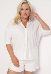 Biała Bawełniana Koszula z Krótkim Rękawem Tinalyni. Białe koszule Born2be, l, bez wzorów, z bawełny, biznesowe, bez kołnierzyka, plus size, bez ramiączek. Za 99.99 zł.