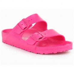 Klapki damskie Birkenstock Arizona Eva. Czerwone klapki Birkenstock, bez wzorów, z materiału, bez obcasa, bez zapięcia. Za 366.00 zł.