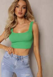 Zielony Tank Top z Elastycznej Bawełny z Głębokim Dekoltem Omaliana. Zielone topy Renee, l, bez wzorów, z bawełny, bez kołnierzyka, bez ramiączek. W wyprzedaży za 15.99 zł.