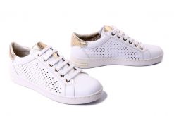 GEOX D151BB 085CF C0232 white/gold, półbuty damskie. Białe półbuty wsuwane Geox, na lato, bez wzorów, bez obcasa. Za 441.15 zł.