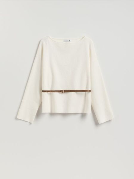 Sweter z paskiem - złamana biel. Swetry Reserved, l, bez wzorów, z dzianiny, bez ramiączek. Za 139.99 zł.