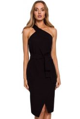 Sukienka elegancka ołówkowa na jedno ramię z rozcięciem czarna. Czarne sukienki Sukienki.shop, s, bez wzorów, eleganckie, bez kołnierzyka, bez ramiączek, ołówkowe. Za 209.00 zł.