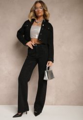 Czarne Szerokie Jeansy z Bawełną High Waist z Cyrkoniami Aslevia. Czarne jeansy Renee, l, z aplikacjami, z bawełny, eleganckie, z podwyższonym stanem. W wyprzedaży za 119.99 zł.