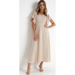 Beżowa Rozkloszowana Sukienka Zdobiona Falbanami Emilienne. Brązowe sukienki Born2be, na co dzień, m, z aplikacjami, z jeansu, eleganckie, bez kołnierzyka, bez ramiączek, maxi, proste. W wyprzedaży za 161.49 zł.