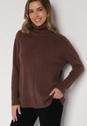 Brązowy Sweter z Golfem i Dodatkiem Kaszmiru Rorizia. Brązowe swetry Born2be, na zimę, z aplikacjami, z jeansu, biznesowe, bez ramiączek. Za 109.99 zł.