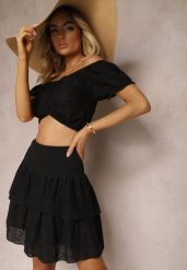 Czarny Komplet z Bawełny z Ażurowym Motywem Spódnica z Falbanami oraz Gumką w Talii High Waist i Krótka Bluzka Ozdobiona Ściągaczem Aricella. Czarne bluzki Renee, m, w ażurowe wzory, z bawełny, bez kołnierzyka, bez ramiączek. W wyprzedaży za 55.99 zł.