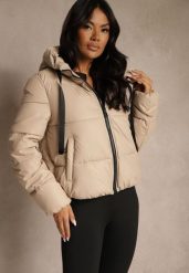 Beżowa Kurtka Puffer z Pikowanymi Przeszyciami i Kapturem Renaria. Brązowe kurtki Renee, na zimę, l, bez wzorów, z jeansu, z kapturem. Za 179.99 zł.