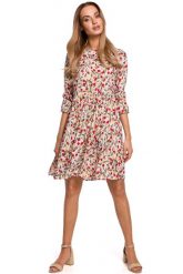 Letnia Sukienka w Drobne Kwiatki - Model 5. Brązowe sukienki MOE, l, bez wzorów, z materiału, wizytowe, bez kołnierzyka, bez ramiączek. Za 239.90 zł.