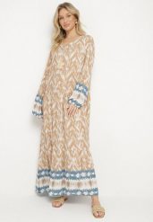 Beżowa Sukienka Rozkloszowana z Ozdobnym Wiązaniem w Boho Wzór Erainea. Brązowe sukienki Born2be, na co dzień, l, z aplikacjami, z jeansu, boho, bez kołnierzyka, bez ramiączek, maxi, proste. W wyprzedaży za 72.24 zł.