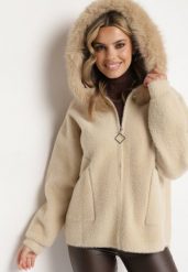 Beżowa Bluza z Wełną Kapturem i Kieszeniami Zdobiona Futrem Yasiti. Brązowe bluzy Born2be, l, z aplikacjami, z jeansu, eleganckie, bez ramiączek, z kapturem. W wyprzedaży za 208.24 zł.