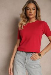 Czerwony Sweter Ozdobiony Ściągaczami Sanallia. Czerwone swetry Renee, bez wzorów, z jeansu, eleganckie, bez ramiączek. W wyprzedaży za 47.99 zł.
