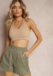 Ciemnozielone Szorty z Bawełny High Waist z Gumką w Pasie Moavia. Zielone szorty Renee, bez wzorów, z bawełny, eleganckie. W wyprzedaży za 27.99 zł.