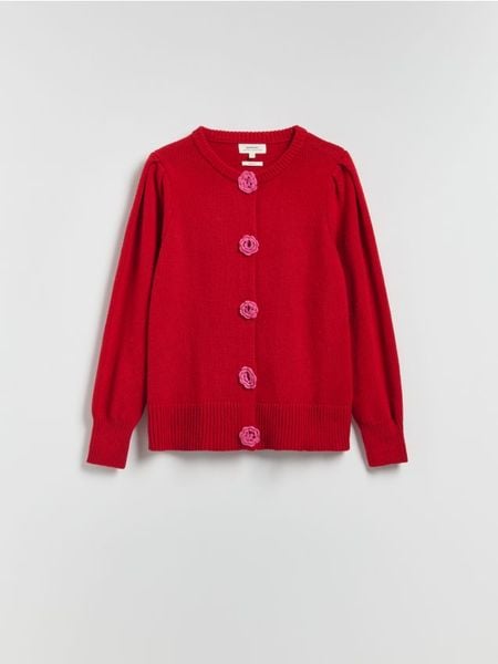 Kardigan z różą - pastelowy róż. Czerwone swetry Reserved, l, bez wzorów, z bawełny, bez ramiączek. Za 159.99 zł.