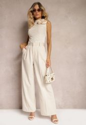 Jasnobeżowe Szerokie Spodnie High Waist Seraphella. Brązowe jeansy Renee, l, bez wzorów, z jeansu, z podwyższonym stanem. W wyprzedaży za 107.99 zł.