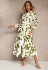 Zielona Rozkloszowana Sukienka z Bawełny o Koszulowym Kroju z Wiązaniem w Talii Kolamora. Zielone sukienki Renee, na randkę, m, z aplikacjami, z bawełny, eleganckie, bez kołnierzyka, bez ramiączek, maxi, koszulowe. W wyprzedaży za 167.99 zł.