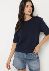 Granatowy Sweter z Wełną i Krótkim Rękawem Turosa. Niebieskie swetry Born2be, bez wzorów, z jeansu, eleganckie, bez ramiączek. W wyprzedaży za 101.99 zł.