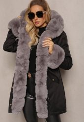 Czarno-Szara Kurtka Parka z Paskiem w Talii i Kapturem z Futerkiem Hizontia. Czarne kurtki Renee, l, bez wzorów, z futra. Za 289.99 zł.