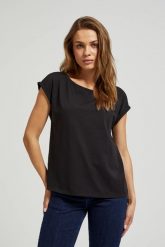 T-shirt z okrągłym dekoltem czarny. Czarne t-shirty MOODO, s, bez wzorów, z bawełny, bez kołnierzyka, bez ramiączek. W wyprzedaży za 19.99 zł.