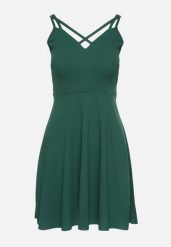 Zielona Rozkloszowana Sukienka z Ozdobnymi Paskami Redaina. Zielone sukienki Born2be, l, bez wzorów, eleganckie, bez kołnierzyka, bez ramiączek, mini, rozkloszowane. Za 69.99 zł.