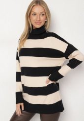 Czarno-Beżowy Golf w Paski o Dłuższym Kroju Ralinia. Czarne swetry Born2be, bez wzorów, z jeansu, eleganckie, bez ramiączek. Za 79.99 zł.