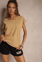 Beżowy Bawełniany T-shirt z Kieszonką Zireanda. Brązowe t-shirty Renee, l, bez wzorów, z bawełny, klasyczne, bez kołnierzyka, bez ramiączek. W wyprzedaży za 23.99 zł.