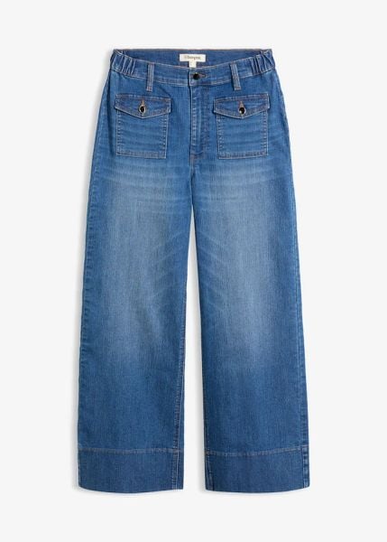 Jeansy wide leg, wysoki stan. Brązowe jeansy bonprix, bez wzorów, z jeansu, z podwyższonym stanem. Za 179.99 zł.
