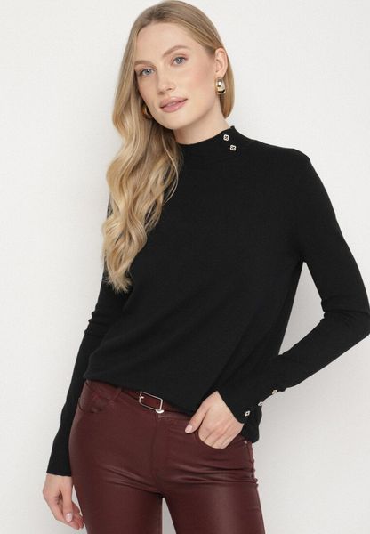 Czarny Dopasowany Golf z Aplikacjami przy Dekolcie i Rękawach Unella. Czarne swetry Born2be, l, z aplikacjami, z jeansu, eleganckie, bez ramiączek. Za 59.99 zł.