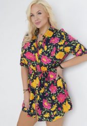 Granatowo-Zółta Koszulowa Sukienka Mini z Guzikami i Materiałowym Paskiem Raimeda. Niebieskie sukienki Born2be, l, bez wzorów, z materiału, bez kołnierzyka, plus size, bez ramiączek, mini, koszulowe. W wyprzedaży za 63.74 zł.