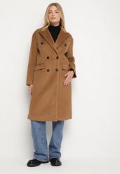 Brązowy Płaszcz o Dwurzędowym Kroju z Kieszeniami Sileti. Brązowe płaszcze Born2be, l, bez wzorów, z jeansu, eleganckie, bez kaptura. Za 159.99 zł.