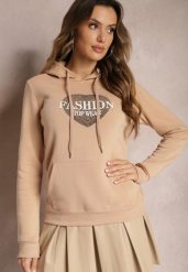 Beżowa Bluza Kangurka Ocieplona Polarem z Ozdobnym Nadrukiem Elili. Brązowe bluzy Renee, l, bez wzorów, z jeansu, casualowe, bez ramiączek, bez kaptura. W wyprzedaży za 71.99 zł.