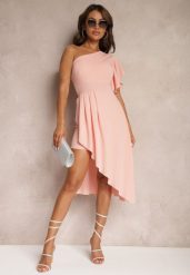 Różowa Asymetryczna Sukienka Wieczorowa na Jedno Ramię Ozdobiona Falbankami Vimasira. Czerwone sukienki Renee, m, bez wzorów, eleganckie, z asymetrycznym kołnierzem, bez ramiączek, midi, asymetryczne. W wyprzedaży za 75.99 zł.