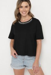 Czarny Bawełniany T-shirt Ozdobiony Cyrkoniami Fadelis. Czarne t-shirty Born2be, l, z aplikacjami, z bawełny, eleganckie, bez kołnierzyka, bez ramiączek. Za 69.99 zł.