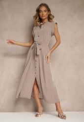 Brązowa Sukienka z Paskiem Koszulowa o Rozkloszowanym Fasonie Mavoselle. Brązowe sukienki Renee, na co dzień, m, bez wzorów, z jeansu, eleganckie, bez kołnierzyka, bez ramiączek, maxi, koszulowe. W wyprzedaży za 135.99 zł.