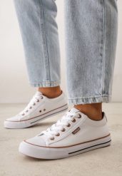 Biało-Brązowe Klasyczne Trampki do Kostki z Lamówką przy Podeszwie Kasiope. Białe trampki Born2be, bez wzorów, z jeansu, klasyczne, bez zapięcia. Za 59.99 zł.
