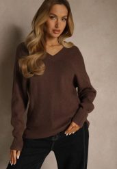 Brązowy Sweter z Dodatkiem Kaszmiru i Trójkątnym Dekoltem Silefera. Brązowe swetry Renee, bez wzorów, z jeansu, casualowe, bez ramiączek. Za 99.99 zł.